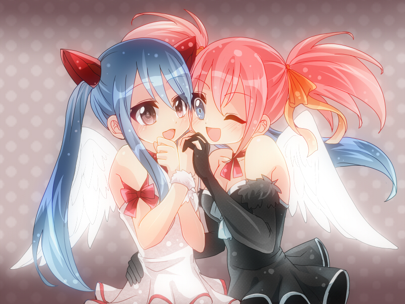 2girls blue_hair breasts chelia_blendy dress elbow_gloves fairy_tail fcs_(frip) female gloves multiple_girls pink_hair ribbon twintails wendy_marvell wings wink