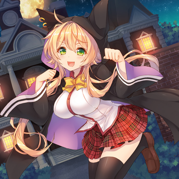 animal_ears black_legwear blonde_hair bow breasts cat_day cat_ears coat fang full_moon green_eyes hat hat_with_ears hood house kidatsu!_dungeons_lord kyoma_(yellowxcake) large_breasts long_hair long_sleeves miniskirt moon night open_clothes open_coat open_mouth pleated_skirt school_uniform shirt skirt sky smile solo star_(sky) starry_sky taut_clothes taut_shirt thighhighs very_long_hair wide_sleeves zettai_ryouiki
