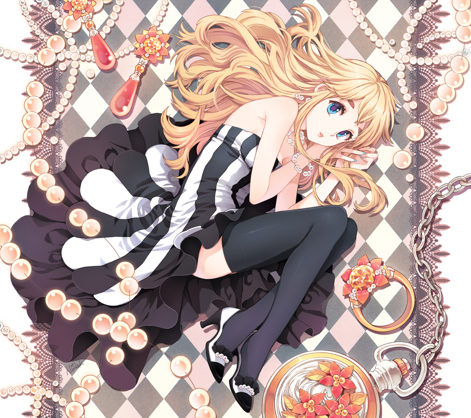 bad_id bad_pixiv_id black_legwear blonde_hair blue_eyes blue_nails checkered don't_say_"lazy" dress earrings eyebrows high_heels jewelry k-on! kotobuki_tsumugi legs long_hair lying nail_polish nardack necklace older on_side pearl pearl_necklace pocket_watch ring shoes solo thighhighs watch