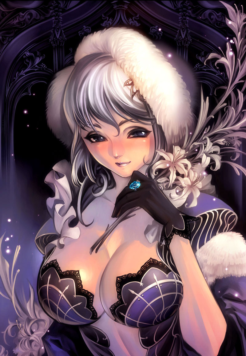 blush breasts center_opening cleavage gloves granado_espada jewelry large_breasts lips purple_eyes ring sayo_tanku silver_hair smile solo