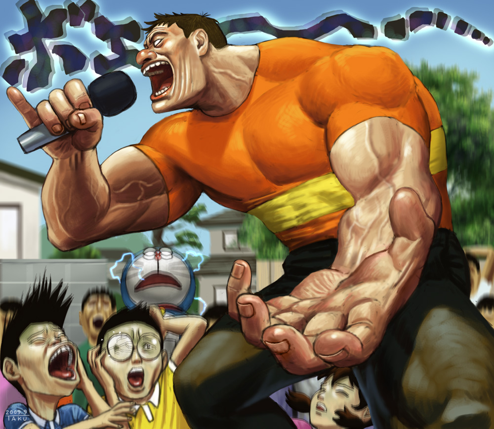 2009 3boys artist_name bad_id bad_pixiv_id bad_singing bare_arms black_hair black_pants blank_eyes blue_sky blurry covering_ears crack depth_of_field doraemon doraemon_(character) electricity eyebrows_visible_through_hair fingernails furrowed_eyebrows giant glasses gloom_(expression) gouda_takeshi hand_on_ear hand_on_own_head hand_up hands holding holding_microphone honekawa_suneo house male_focus matataku microphone minamoto_shizuka motion_blur multiple_boys muscle music nobi_nobita opaque_glasses open_hand open_mouth orange_shirt outdoors outstretched_arm pants pectorals pinky_out polo_shirt realistic robot shirt short_sleeves singing skin_tight sky solo_focus spiked_hair standing t-shirt tongue tongue_out twintails unconscious veins