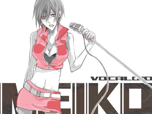 breasts cleavage imori large_breasts meiko microphone microphone_stand midriff nail_polish navel pink_nails red_eyes short_hair skirt solo vocaloid