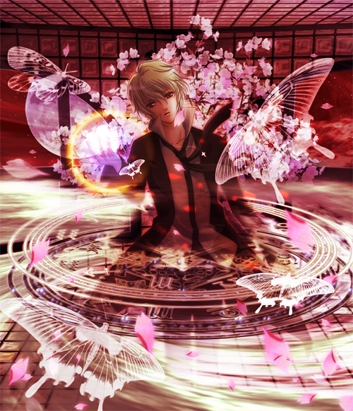bad_id bad_pixiv_id bug butterfly cherry_blossoms flower formal insect magic_circle male_focus moon necktie original solo subaru_mikami suit