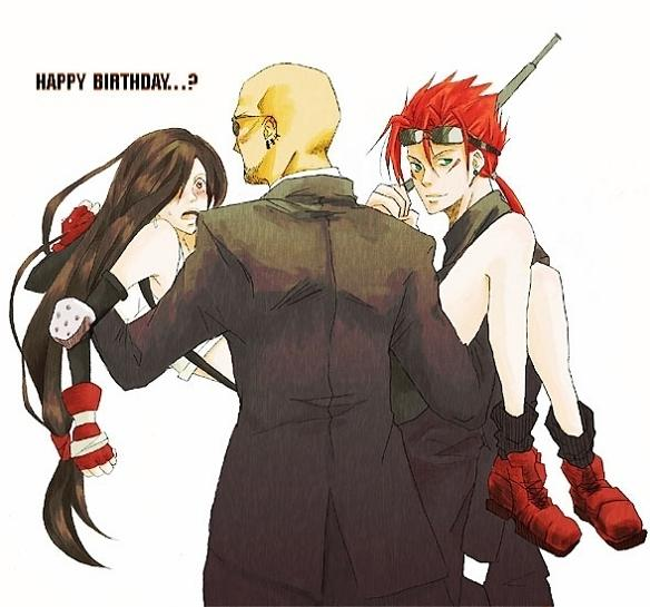 1girl 2boys bald baton birthday black_hair carrying female final_fantasy final_fantasy_vii fingerless_gloves formal gloves long_hair male multiple_boys princess_carry red_hair red_shoes reno rude shoes simple_background suit sunglasses suspenders tifa_lockhart tifa_lockheart turks weapon