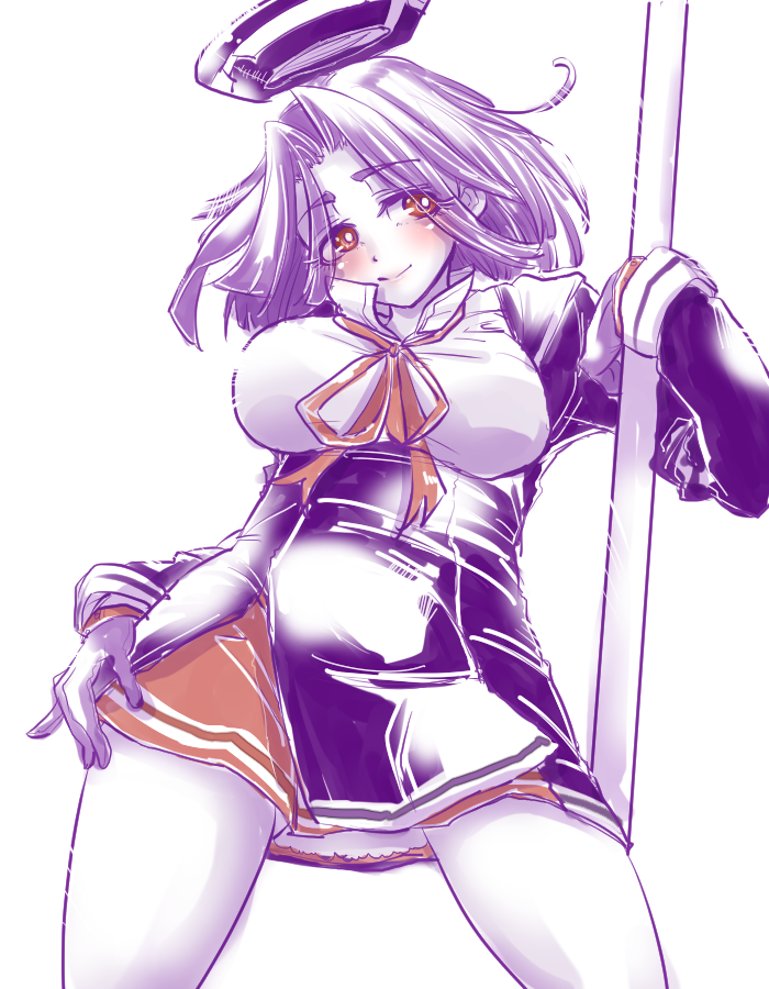blush breasts brown_eyes cowboy_shot dress eyes_visible_through_hair gloves hair_intakes hand_on_hip kantai_collection kuga_hotaru large_breasts long_sleeves looking_at_viewer looking_down mechanical_halo multiple_monochrome neck_ribbon polearm pose purple_hair ribbon short_dress simple_background sketch smile solo spread_legs tatsuta_(kantai_collection) weapon white_background