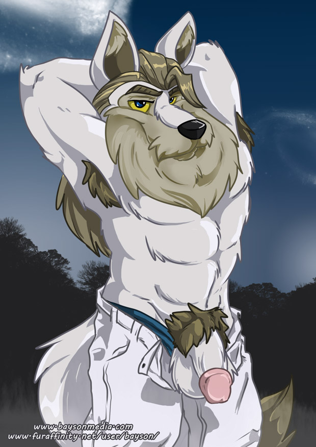 abs bayson beard body_hair canine clothing facial_hair flaccid fur king_altador looking_at_viewer lupe male mammal muscles neopets pants penis white_fur