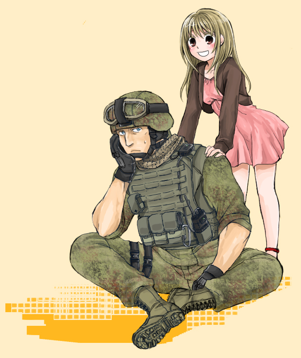 1girl :d armor blonde_hair blue_eyes boots brown_eyes carabiner coat commentary_request dress gloves goggles goggles_on_headwear helmet kevlar_vest load_bearing_vest looking_at_viewer military military_uniform mogu_(up.) open_mouth original partial_commentary plate_carrier radio_transceiver scarf sitting smile soldier sweat sweatdrop uniform