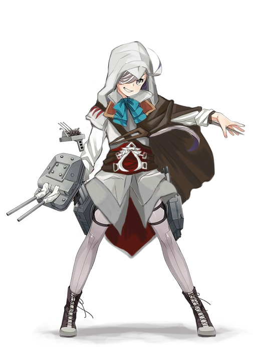 ahoge asashimo_(kantai_collection) assassin's_creed_(series) cape commentary cosplay cross-laced_footwear entman ezio_auditore_da_firenze ezio_auditore_da_firenze_(cosplay) full_body grey_eyes grin hair_over_one_eye hidden_blade kantai_collection outstretched_arm pantyhose pun silver_hair smile solo turret weapon