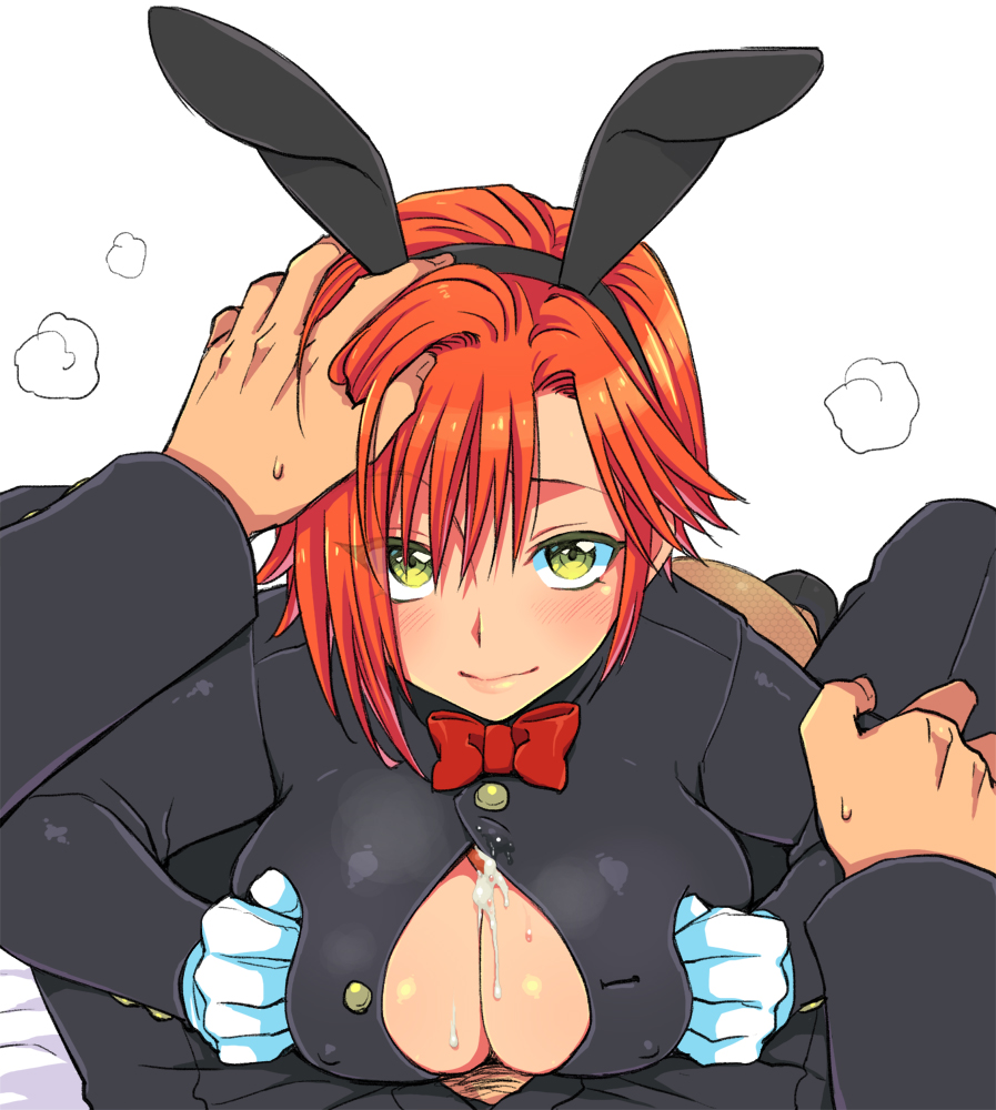 1girl adapted_costume animal_ears ass asymmetrical_bangs bangs black_footwear blush bow bowtie breast_squeeze breasts bunny_ears bunny_tail bunnysuit button_gap center_opening covered_nipples cum cum_in_clothes cum_on_body cum_on_breasts cum_on_upper_body cum_through_clothes ejaculation erect_nipples eroe fake_animal_ears gakuran genderswap genderswap_(mtf) girl_on_top gloves green_eyes hand_on_another's_head hand_on_another's_head happy hasumi_souji_(eroe) igarashi_kyou_(eroe) large_breasts looking_at_viewer lying no_bra on_stomach orange_hair original paizuri pantyhose pov red_bow school_uniform short_hair smile solo_focus spread_legs tail white_background white_gloves
