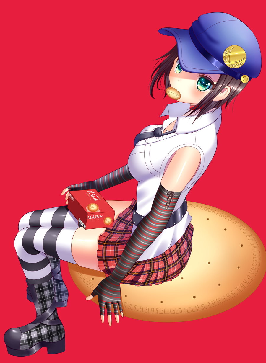 1girl artist_request black_hair boots cookie cookies eating elbow_gloves emblem fingerless_gloves food gloves green_eyes looking_at_viewer marie_(persona_4) nabekokoa persona persona_4 persona_4_the_golden plaid_skirt red_background short_hair simple_background sitting sleeveless striped_legwear thighhighs