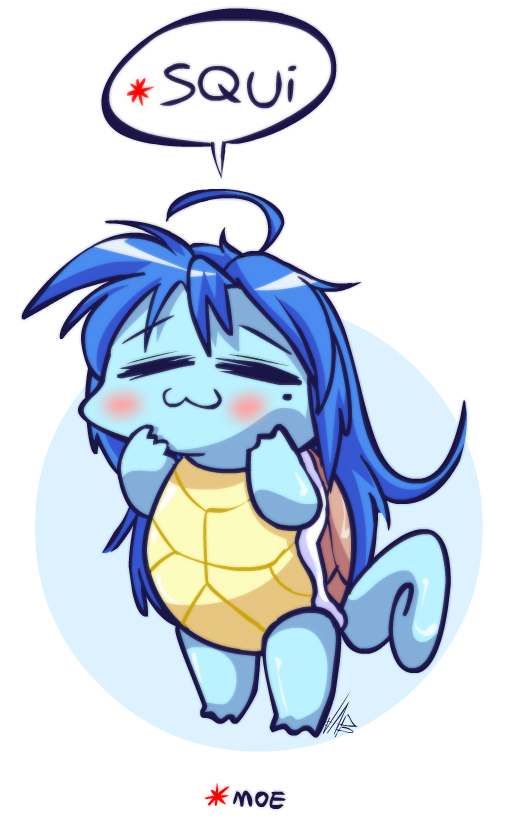 beauty_mark blue_hair blush crossover eyes_closed female hair konata_izumi lucky_star nintendo plain_background pok&eacute;mon reptile scalie solo squirtle turtle vaporotem video_games