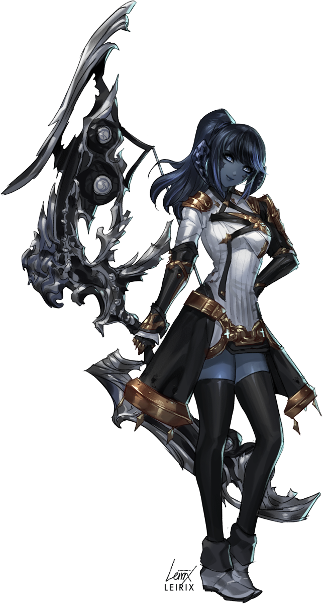 1girl arm_guards au_ra bard_(final_fantasy) black_hair black_legwear black_skin bow_(weapon) breasts closed_mouth commission dragon_horns final_fantasy final_fantasy_xiv full_body gloves hand_on_hip highres holding holding_weapon horns leirix long_hair looking_at_viewer medium_breasts ponytail scales shoulder_armor showgirl_skirt signature silver_eyes smile solo standing thighhighs transparent_background weapon