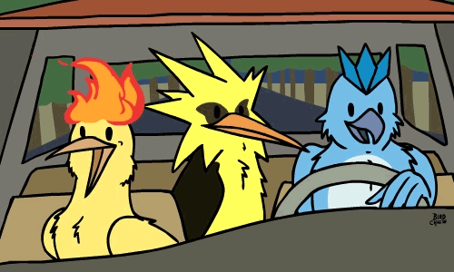 animated articuno avian bird birdcheese black_eyes black_feathers blue_feathers car cute fire legendary_pok&eacute;mon meme moltres nintendo open_mouth parody pok&eacute;mon tree video_games what_is_love yellow_feathers zapdos
