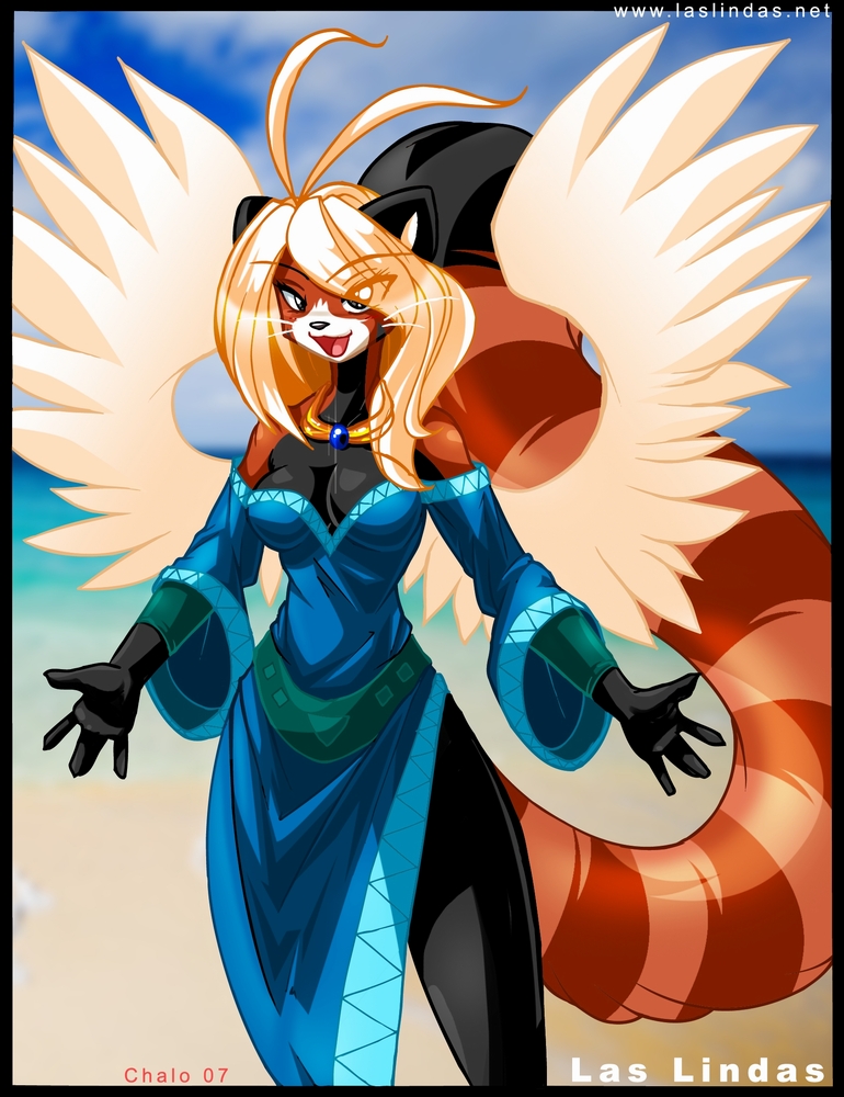 anthro big_breasts black_fur blonde_hair breasts brown_fur chalo clothed clothing female fur grey_eyes hair las_lindas mammal messiah red_panda smile solo wings