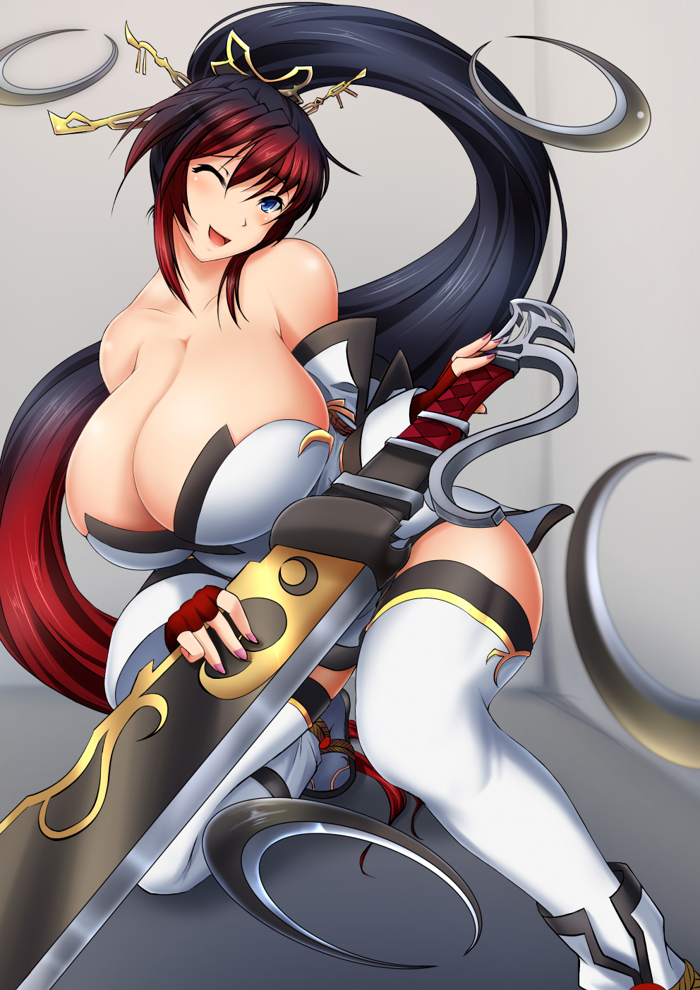 bare_shoulders black_hair blue_eyes blush bol_(liliymimi) breasts cleavage dress endless_frontier fingerless_gloves gigantic_breasts gloves hair_ornament huge_weapon kneeling long_hair multicolored_hair nanbu_kaguya open_mouth project_x_zone red_hair smile super_robot_wars super_robot_wars_og_saga_mugen_no_frontier sword very_long_hair weapon wink