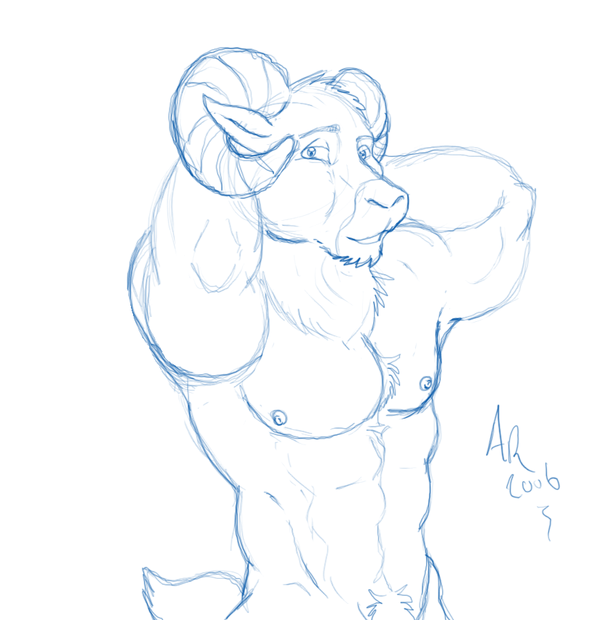 aaron_(artist) aaron_(character) abs anthro bighorn_sheep caprine chest_fur chest_tuft fur horn looking_at_viewer male mammal monochrome muscles nipples pose sheep sketch solo tuft