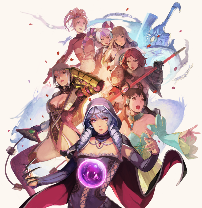 6+girls :d armor blonde_hair bodysuit breasts brown_eyes brown_hair claw_(weapon) cleavage detached_sleeves drill_hair eye eyes gloves grey_hair hildegard_von_krone isabella_valentine looking_at_viewer mole multicolored_hair multiple_girls natsu_(soulcalibur) ninja open_mouth orb purple_hair pyrrha_alexandra red_eyes red_hair shield skin_tight smile soul_calibur soul_edge_(weapon) soulcalibur_v spear sword take_no_ko_(dodon) tira_(soulcalibur) viola_(soulcalibur) weapon whip yan_leixia yellow_eyes