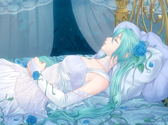 a=k aqua_hair bed blue_flower blue_rose bridal_gauntlets closed_eyes curtains dress elbow_gloves flower gloves hatsune_miku long_hair lying on_back petals pillow rose solo twintails vocaloid white_dress
