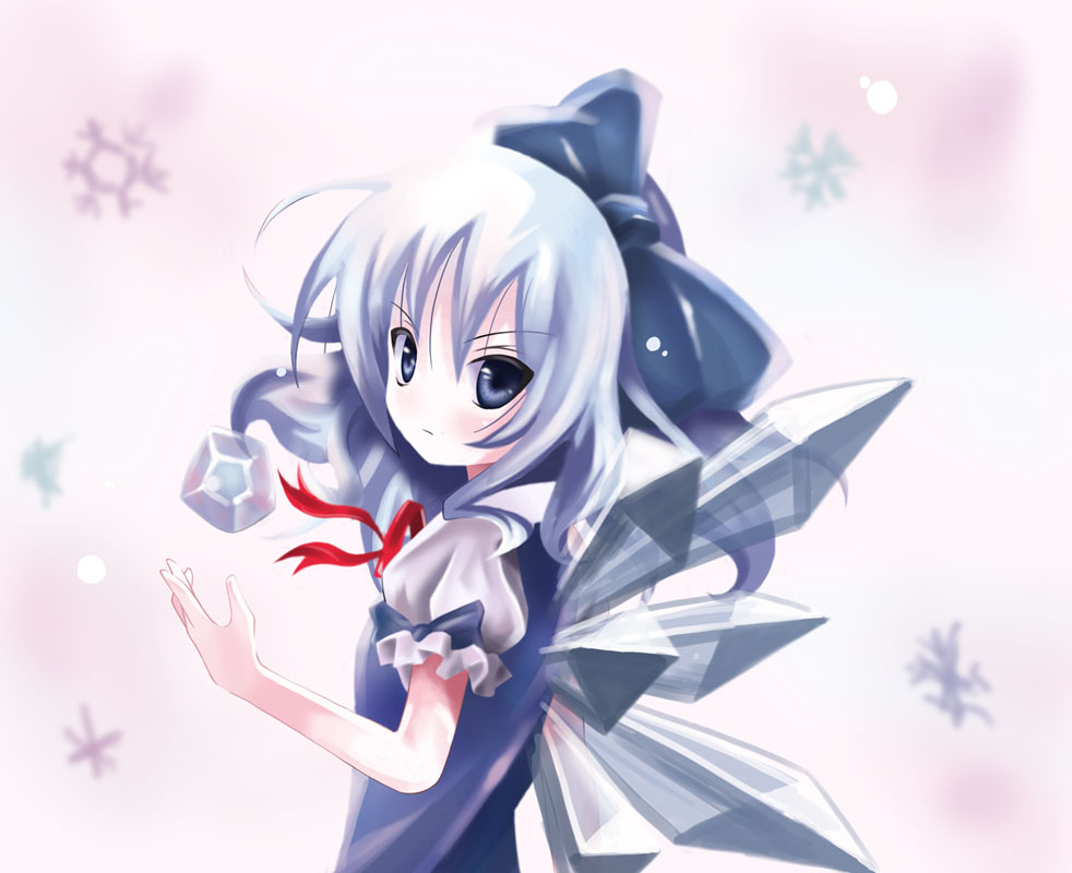 &gt;:( blue_eyes blue_hair bow cirno frown hair_bow ice kukyo looking_at_viewer looking_back no_nose serious short_hair snowflakes solo touhou tsurime v-shaped_eyebrows wings