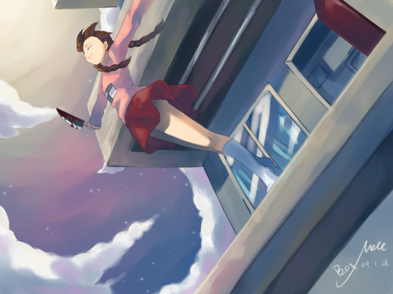 balcony blood braid brown_hair burnia closed_eyes cloud dated kneehighs knife long_sleeves madotsuki miniskirt night night_sky no_shoes outstretched_arms panties pink_shirt red_skirt shirt signature skirt sky socks spoilers star_(sky) starry_sky suicide sweater twin_braids underwear upskirt weapon white_legwear wind yume_nikki