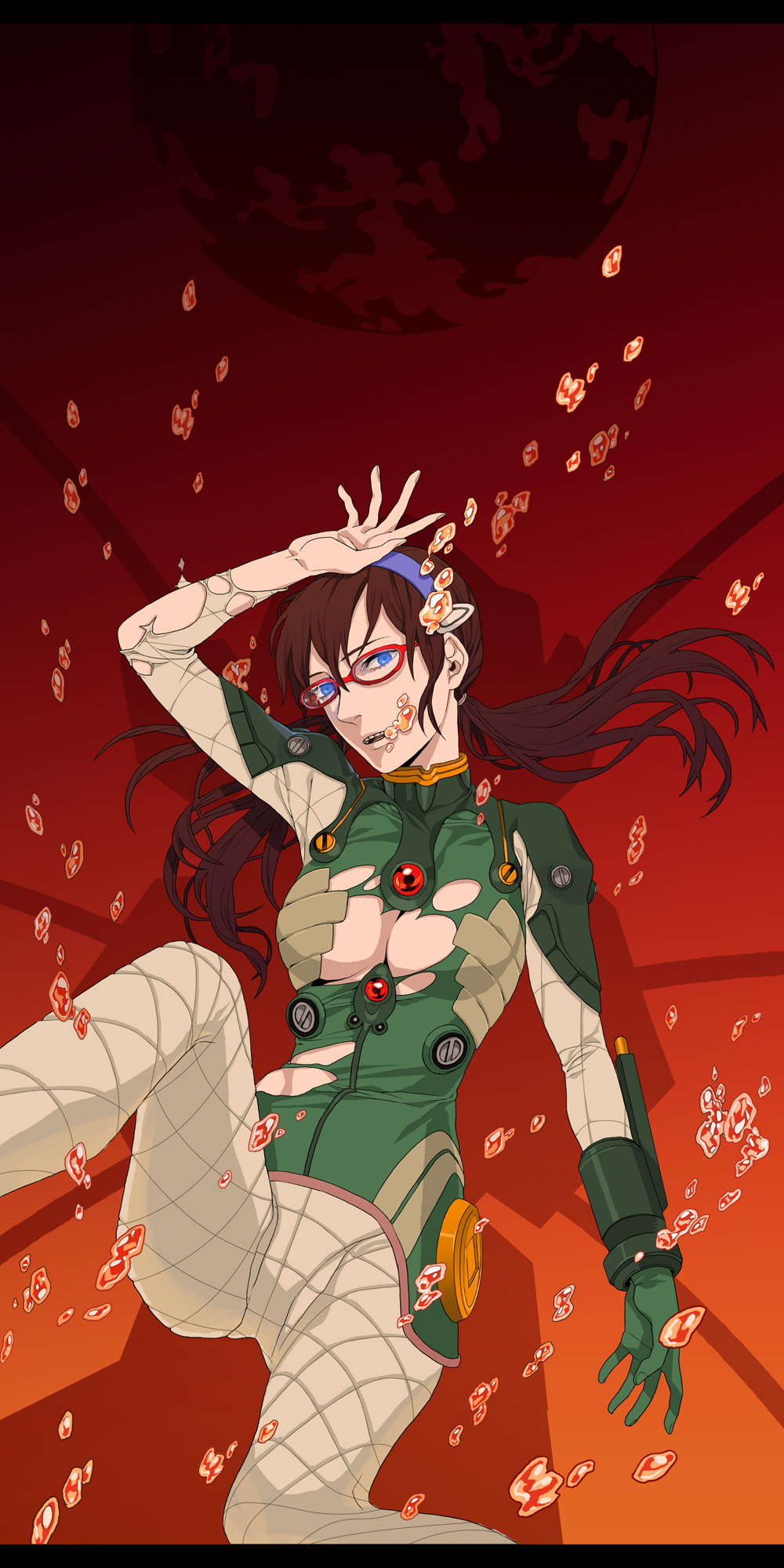 arm_up bangs blue_eyes bodysuit breasts broken_eyewear bubble cleavage floating_hair from_above glasses gloves gradient gradient_background green_bodysuit hairband hand_on_own_head head_tilt highres large_breasts lcl leg_up letterboxed long_hair looking_at_viewer low_twintails lying makinami_mari_illustrious midriff neon_genesis_evangelion no_bra on_back open_mouth pauldrons pilot_suit plugsuit rebuild_of_evangelion red-framed_eyewear solo spread_legs submerged takase_(harakiri) torn_bodysuit torn_clothes turtleneck twintails underwater vambraces