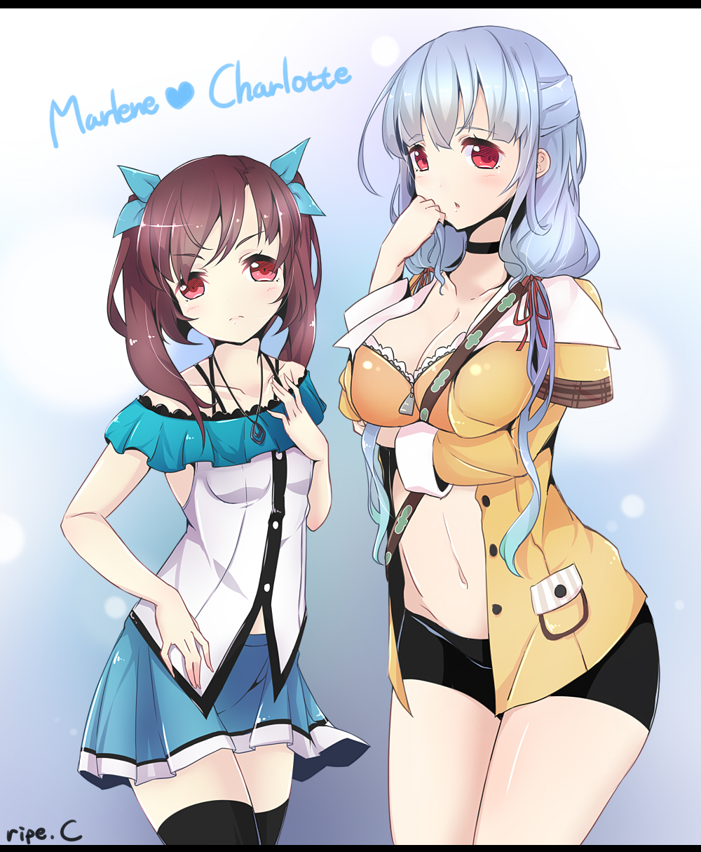 artist_name bangs black_legwear blush breast_hold breasts brown_hair character_name charlotte_(cyphers) choker cleavage collarbone cowboy_shot cyphers frown hair_ribbon hand_on_own_chest hand_on_own_face highres jewelry large_breasts letterboxed long_hair long_sleeves looking_at_viewer marlene_(cyphers) miniskirt multiple_girls navel necklace red_eyes ribbon ripe.c shorts silver_hair skirt sleeveless small_breasts thighhighs twintails zettai_ryouiki