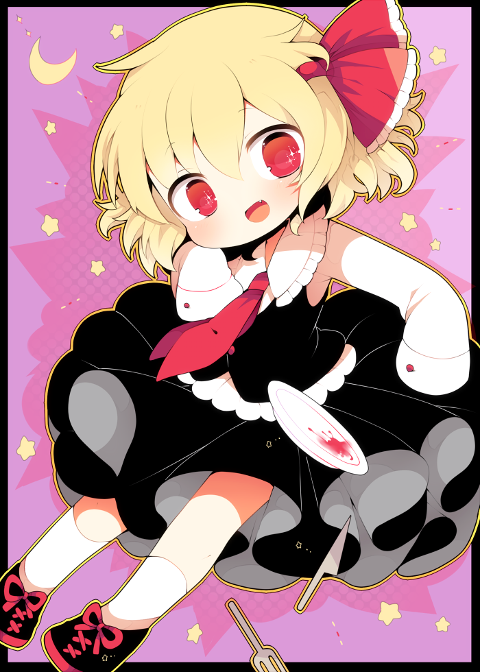 :d bad_id bad_tumblr_id black_footwear black_skirt blonde_hair blouse blush chibi crescent fang fork hair_ribbon knife kyou_(nekoneko) long_sleeves looking_at_viewer necktie open_mouth oversized_clothes plate purple purple_background red_eyes red_neckwear red_ribbon ribbon rumia shoes short_hair simple_background skirt smile socks solo star starry_background touhou very_long_sleeves vest white_blouse white_legwear