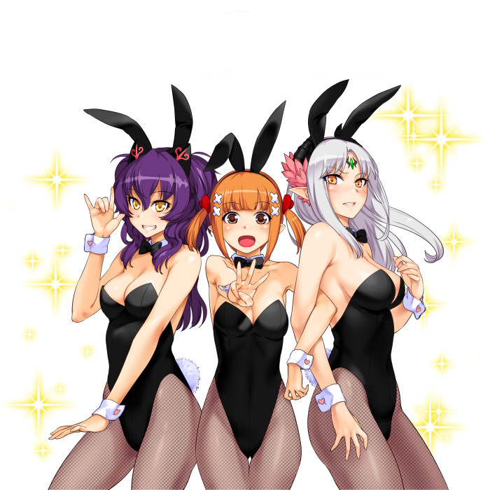 :d \m/ animal_ears bangs benimura_karu breasts brown_eyes bunny_black bunny_black_3 bunny_ears bunny_tail bunnysuit cleavage contrapposto detached_collar detexted fake_animal_ears fishnet_pantyhose fishnets forehead_jewel girl_sandwich grin hair_ornament hairband horns kozelotte large_breasts long_hair looking_at_viewer mcdougal_(bunny_black) multiple_girls open_mouth orange_hair pantyhose parted_bangs pointy_ears purple_hair sandwiched short_twintails silver_hair smile sofia_(bunny_black) sparkle standing tail third-party_edit twintails v w wrist_cuffs yellow_eyes