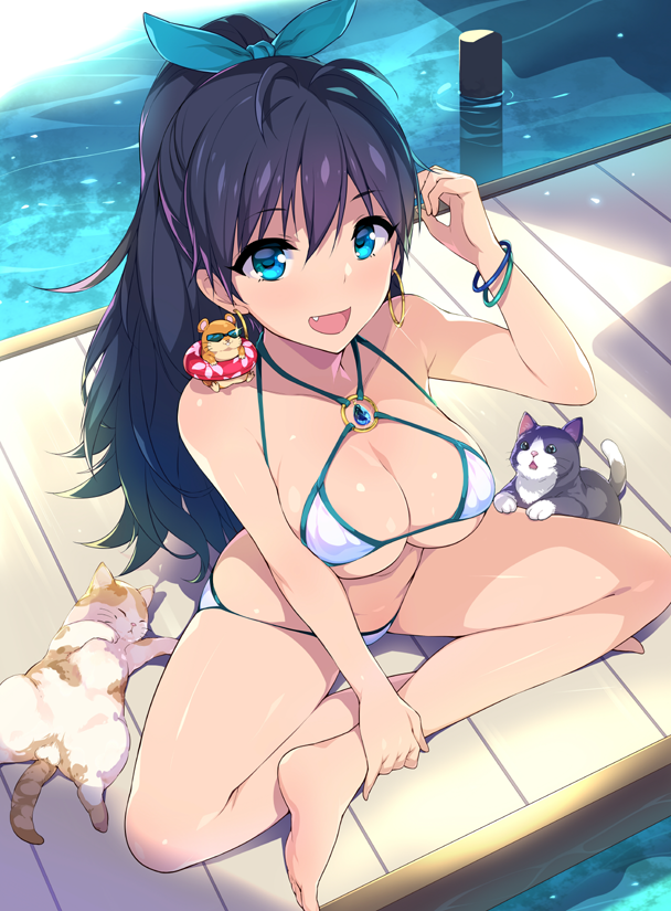 1girl animal animal_on_shoulder arm_up bangle bare_legs bare_shoulders barefoot bikini black_hair blue_eyes blue_ribbon bracelet breasts cat cleavage commentary_request earrings fang ganaha_hibiki hair_ribbon hamster hidebou hoop_earrings idolmaster jewelry large_breasts long_hair looking_at_viewer o-ring o-ring_top ribbon sitting smile solo swimsuit water white_bikini