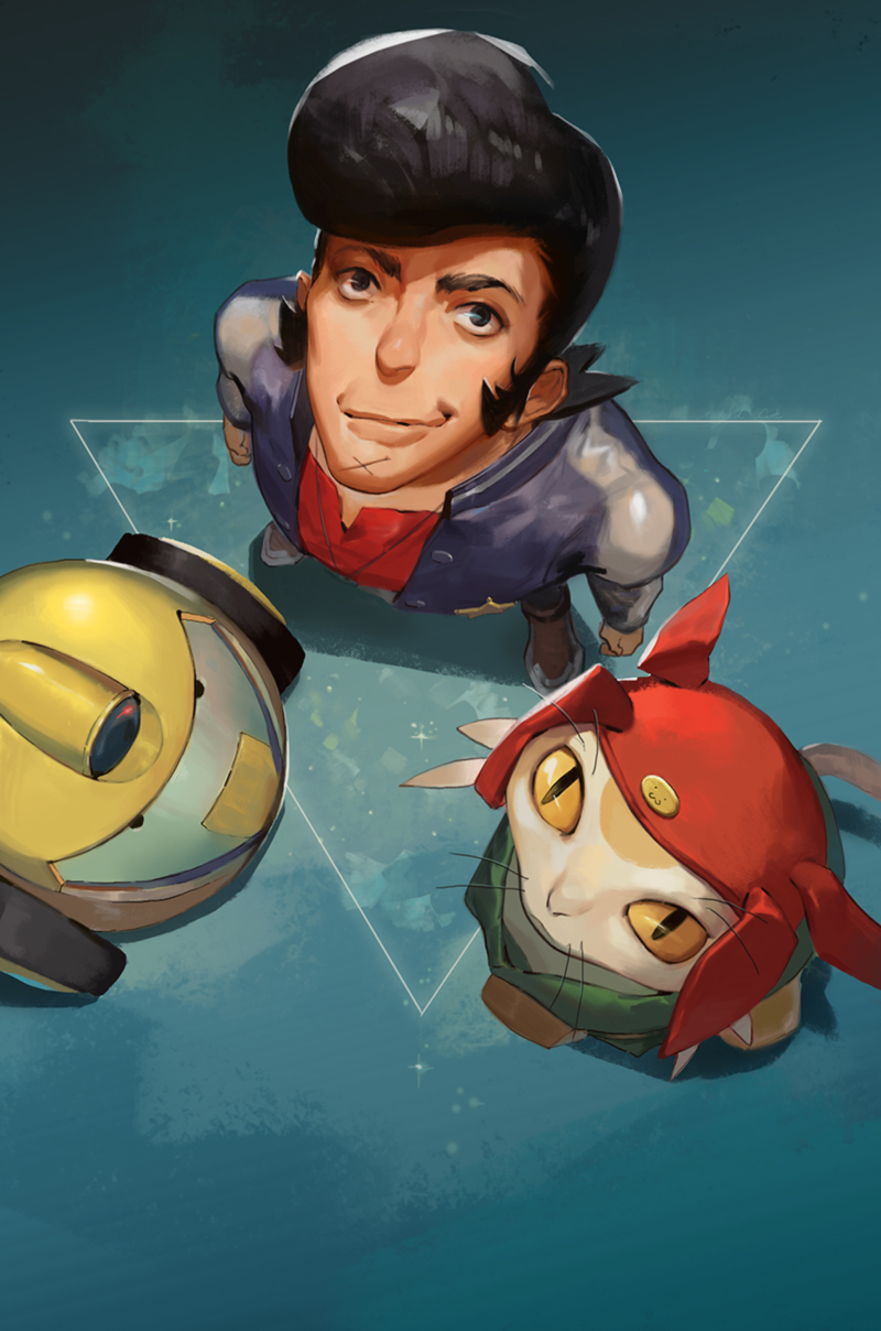 alien black_hair dandy_(space_dandy) hat highres jacket letterman_jacket male_focus meow_(space_dandy) multiple_boys naked_cat pompadour qt_(space_dandy) robot space_dandy