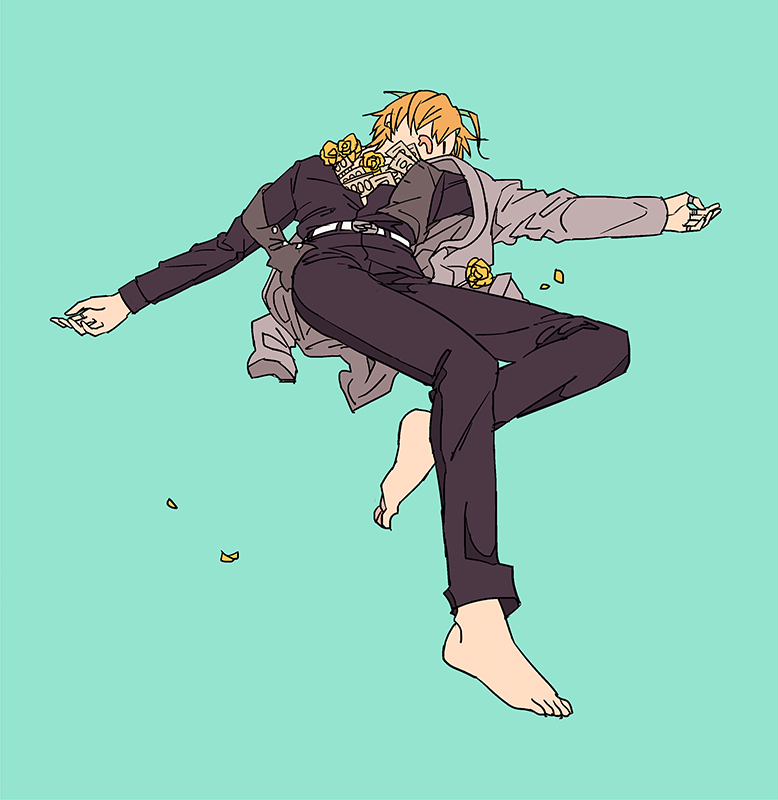 barefoot blonde_hair flower formal hypnosis_mic izanami_hifumi jewelry money money_in_shirt multicolored_hair passed_out petals rose sleeping suit yellow_flower yellow_rose