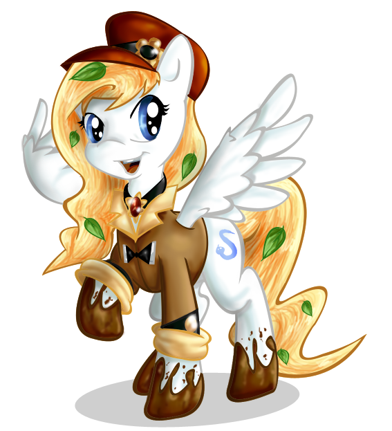 2014 blonde_hair blue_eyes clothed clothing cobalt equine fan_character feral fur gem hair hat horse leaf mammal messy mud my_little_pony necklace open_mouth pegasus plain_background pony smile steampunk tailzkip teeth white_fur wings