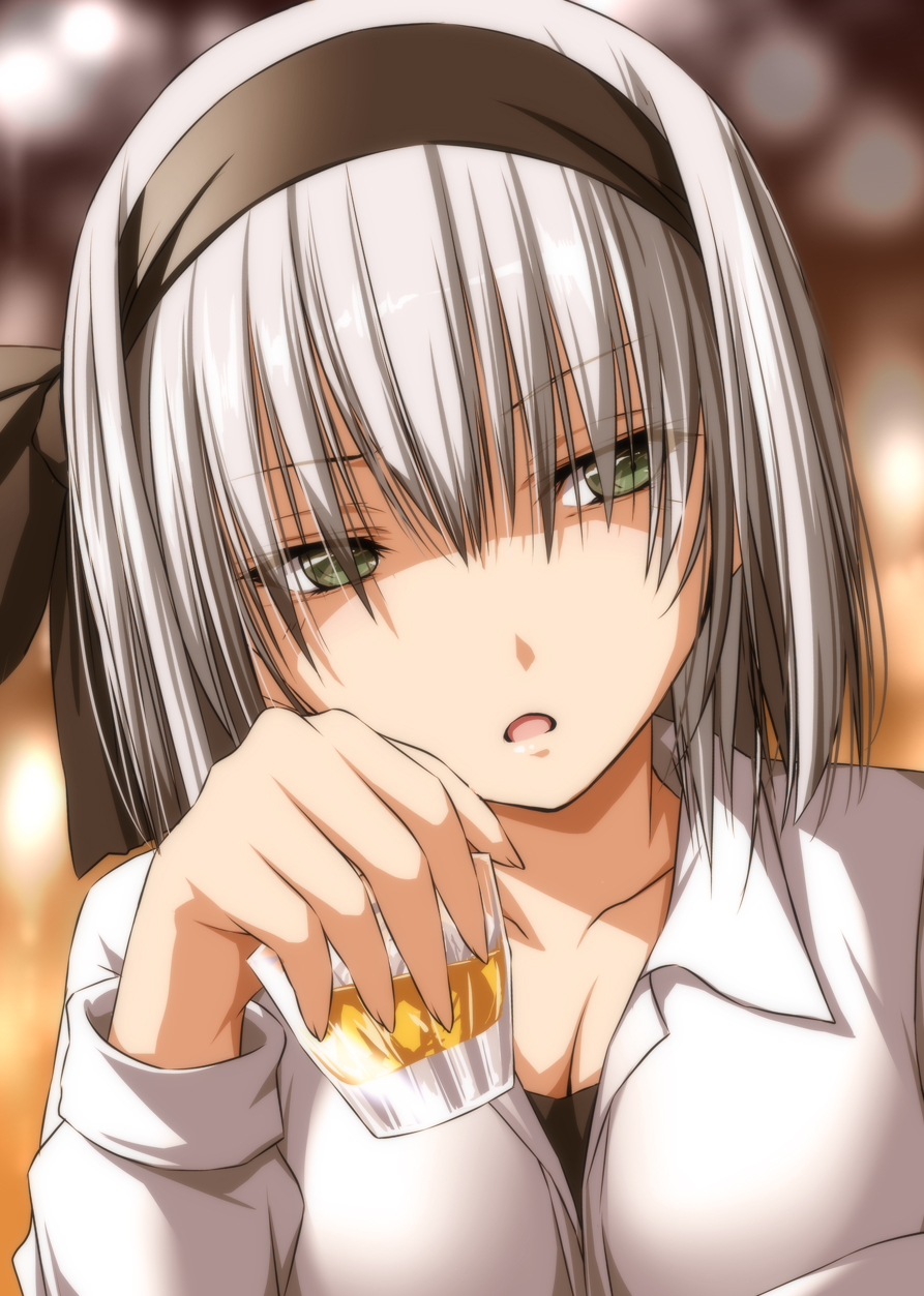 alcohol black_hairband blouse cup drinking_glass eyes_visible_through_hair glass green_eyes hairband highres holding holding_cup konpaku_youmu looking_to_the_side nori_tamago open_mouth short_hair silver_hair solo touhou whiskey white_blouse