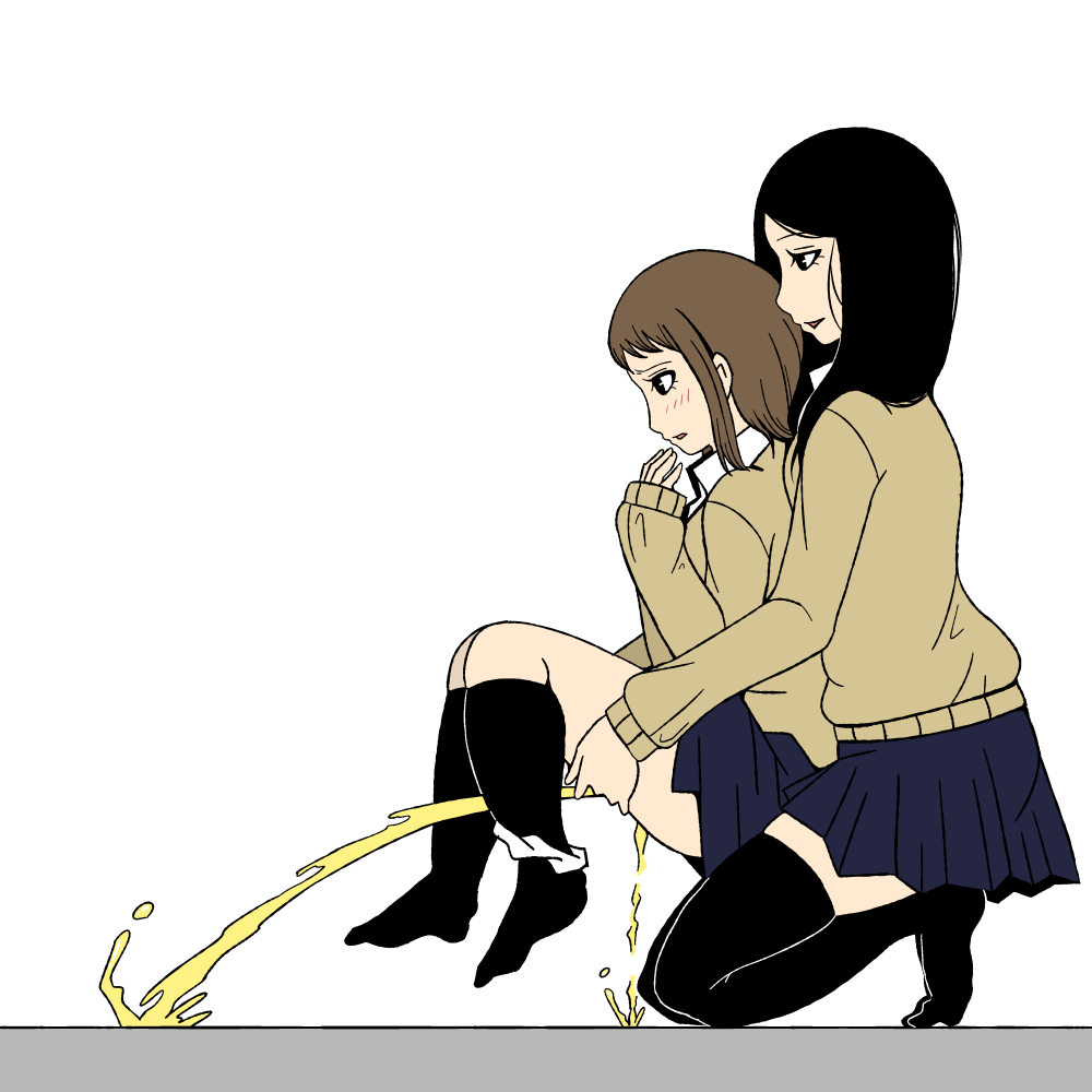 assisted_peeing black_hair brown_hair multiple_girls panties_around_ankle peeing school_uniform skirt