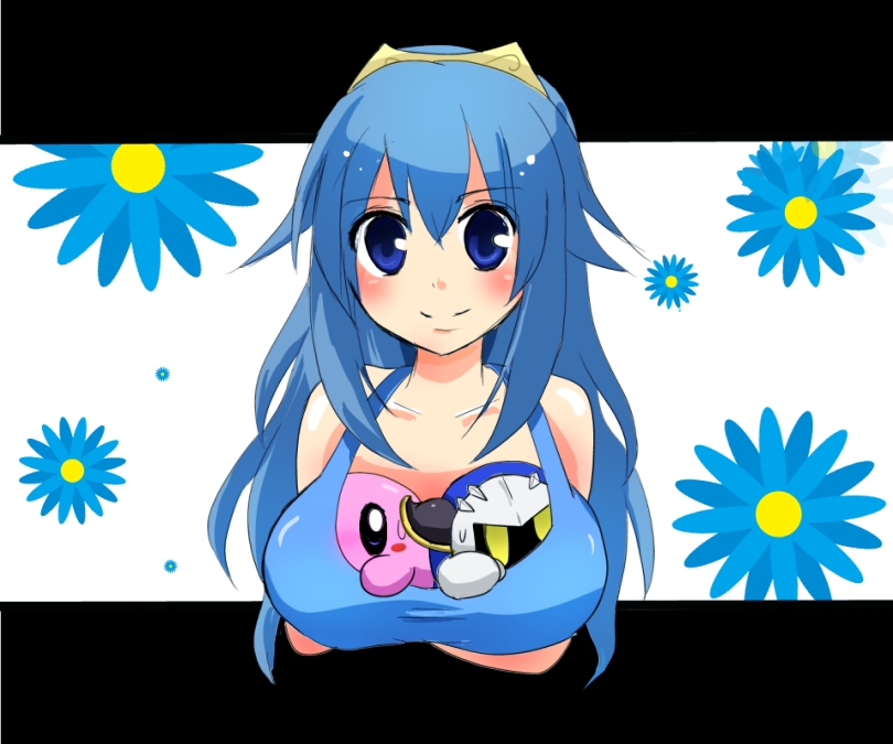 bare_shoulders blue_eyes blue_hair blush blush_stickers breast_padding fire_emblem kirby kirby_(series) letterboxed long_hair looking_at_viewer lucina meta_knight potetomochi shiny shiny_skin smile super_smash_bros.