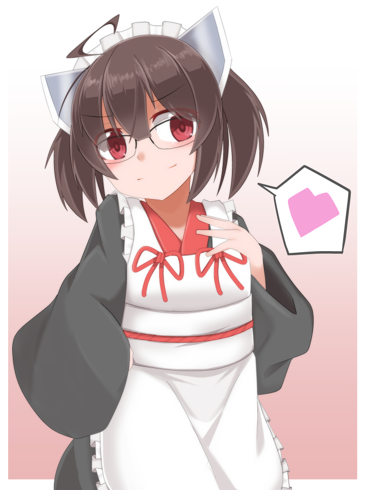 1girl ahoge ao_(aoblueao) apron bangs black_kimono brown_background brown_hair closed_mouth commentary_request eyebrows_visible_through_hair frilled_apron frills gradient gradient_background hair_between_eyes hand_up head_tilt headgear heart japanese_clothes kimono long_sleeves maid_apron maid_headdress red_ribbon ribbon smile solo spoken_heart touhoku_kiritan two-tone_background voiceroid wa_maid white_apron white_background wide_sleeves