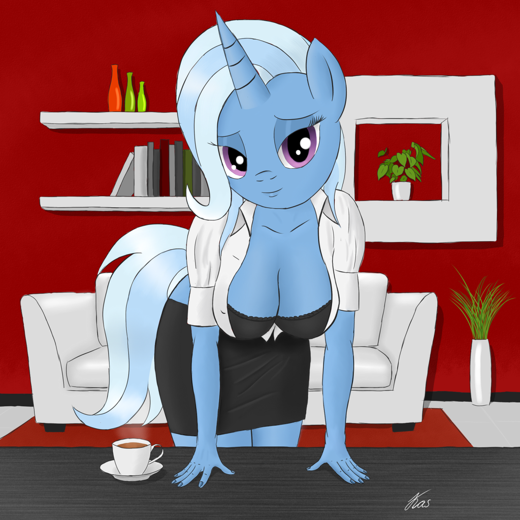 anthro bedroom_eyes big_breasts blue_fur blue_hair breasts cleavage clothed clothing cup equine female friendship_is_magic fur hair half-closed_eyes horn inside kasaler long_hair looking_at_viewer mammal my_little_pony purple_eyes smile sofa solo tea trixie_(mlp) two_tone_hair unicorn