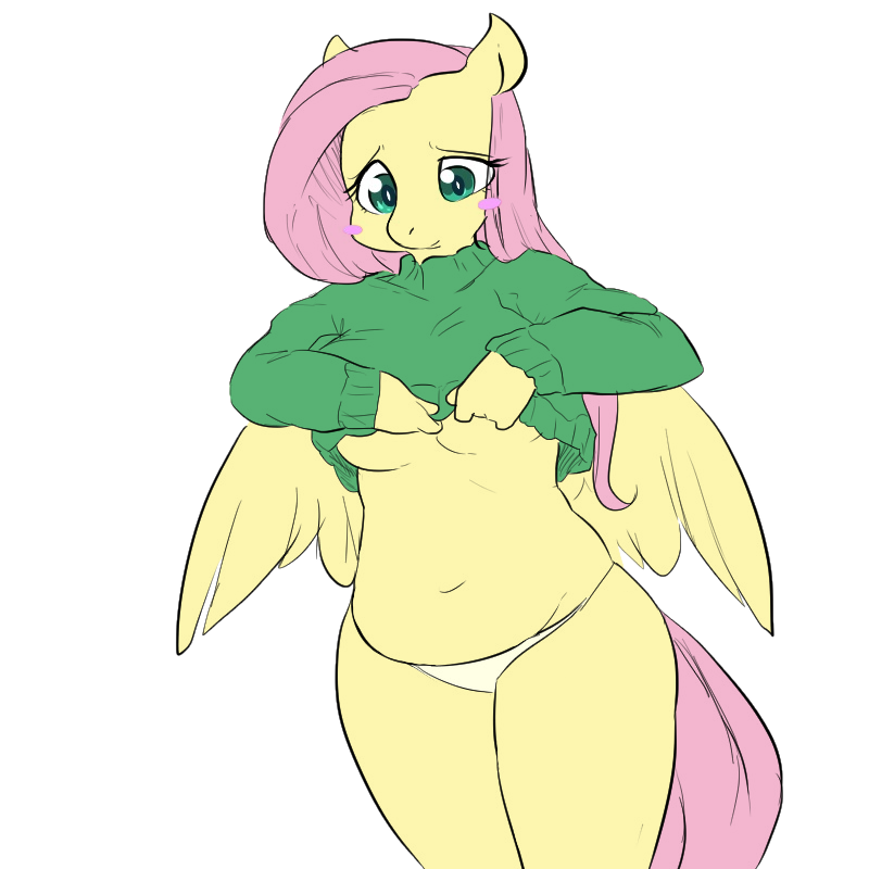 alpha_channel anthro anthrofied blush breasts chubby clothing equine fluttershy_(mlp) friendship_is_magic fur glacierclear hair half-closed_eyes horse mammal my_little_pony panties pink_hair plain_background pony smile sweater thick_thighs transparent_background underwear undressing wings yellow_fur