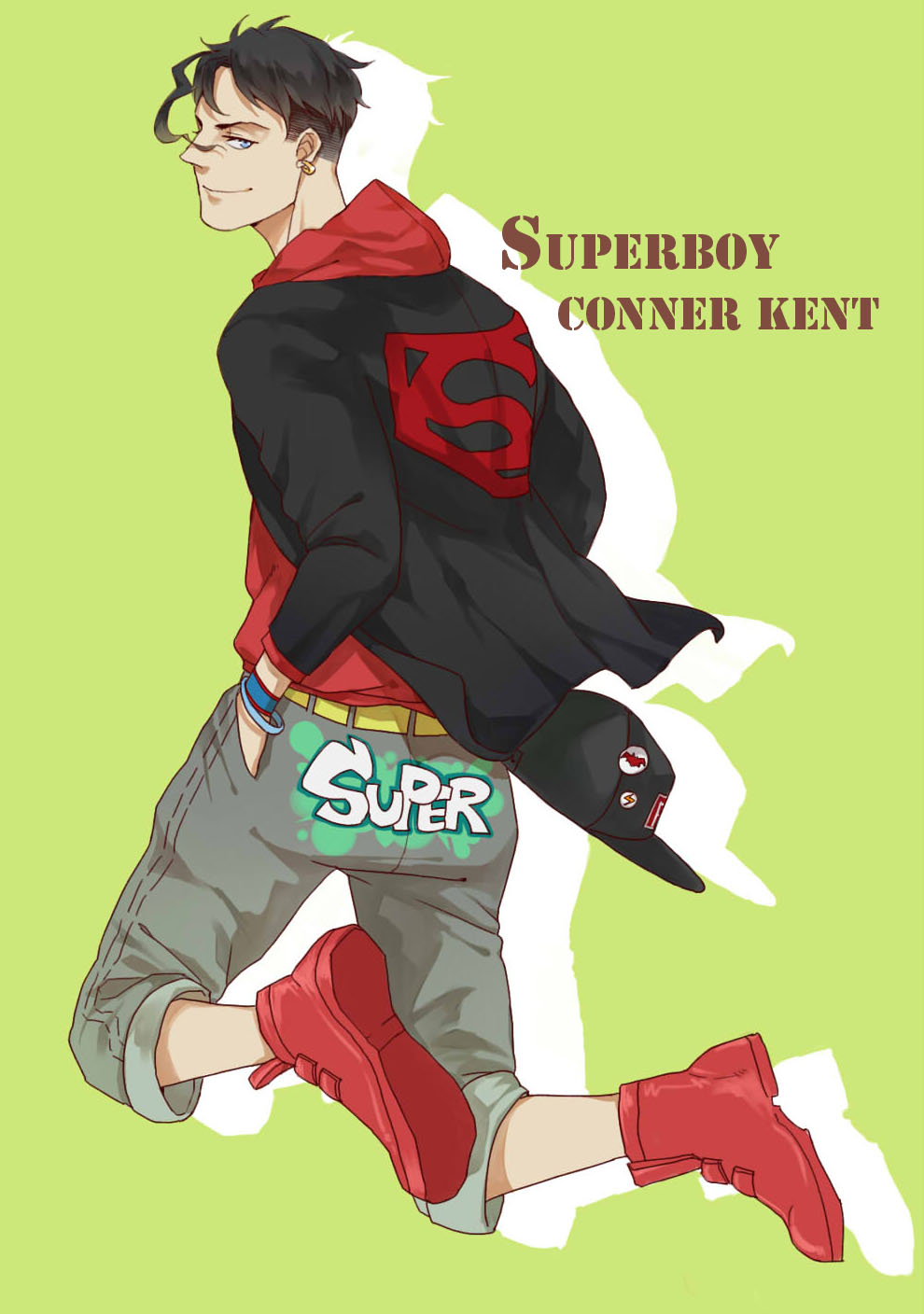black_hair blue_eyes casual dc_comics hands_in_pockets highres hood hoodie jacket male_focus owlkkk shoes sneakers solo superboy young_justice