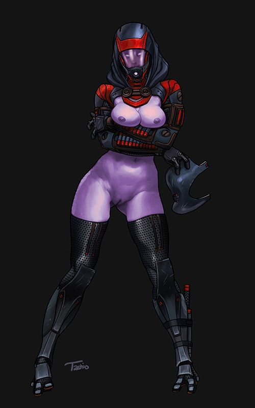 2_toes 3_fingers alien big_breasts breasts clothed clothing female half-dressed half_naked hood humanoid looking_at_viewer mask mass_effect mass_effect_3 nipples pose purple_skin pussy quarian solo suit tali'zorah_nar_rayya tashio toes topless video_games