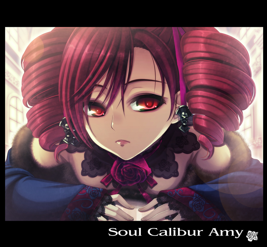amy_sorel bad_id bad_pixiv_id byuune character_name choker copyright_name detached_sleeves drill_hair flower fur_trim purple_flower purple_rose red_eyes red_hair rose solo soulcalibur