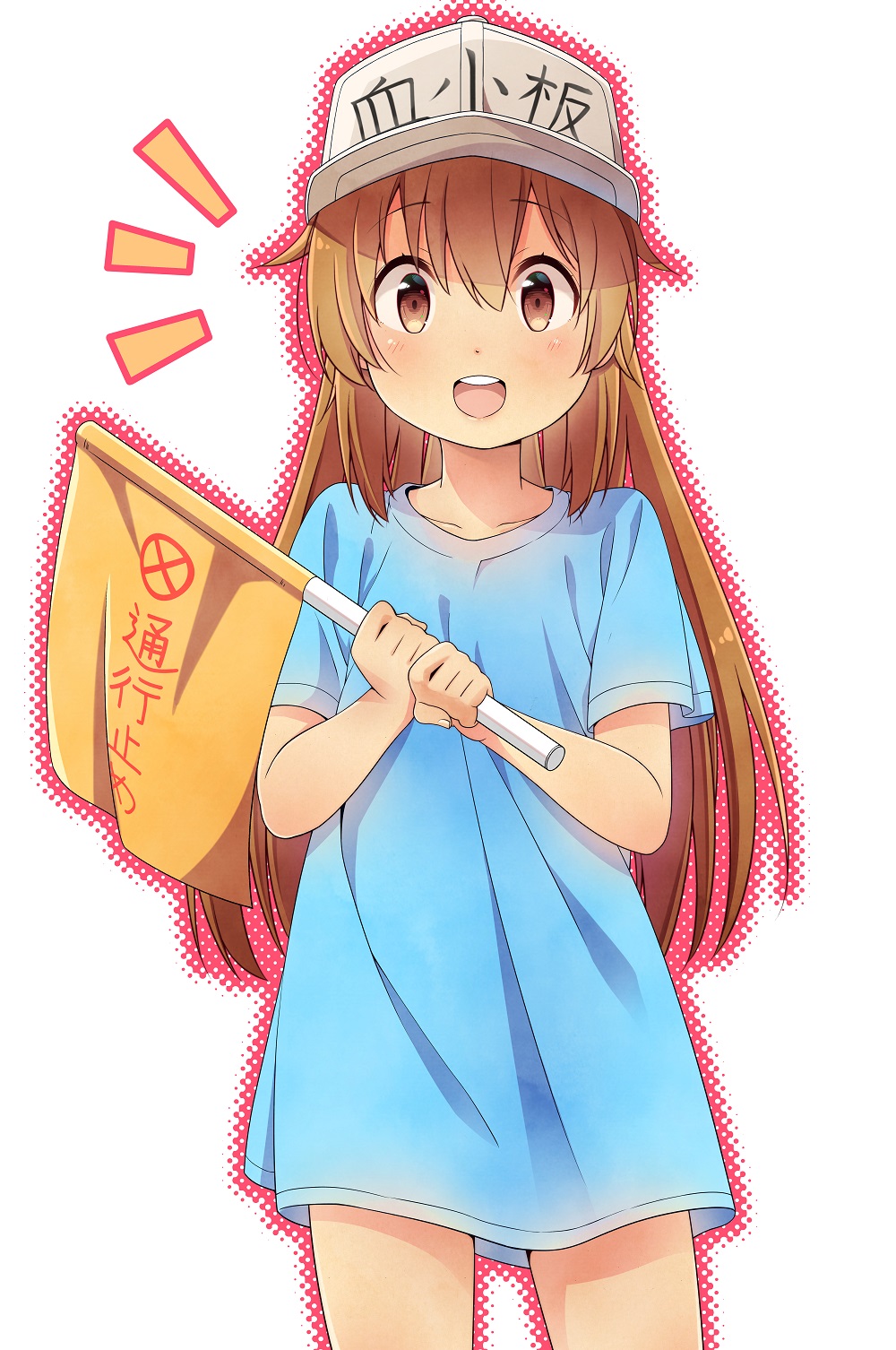 :d blue_shirt blush brown_eyes brown_hair character_name clothes_writing collarbone commentary_request cowboy_shot flag flat_cap grey_hat hands_up hat hataraku_saibou highres holding holding_flag jabittoson long_hair looking_at_viewer open_mouth platelet_(hataraku_saibou) round_teeth shirt short_sleeves smile solo teeth upper_teeth very_long_hair white_background
