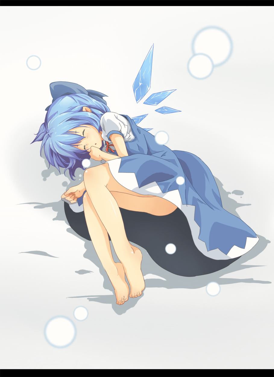 barefoot blue_hair bow chonbo_(artist) cirno feet fetal_position full_body hair_bow highres letterboxed plantar_flexion short_hair sleeping solo touhou wings