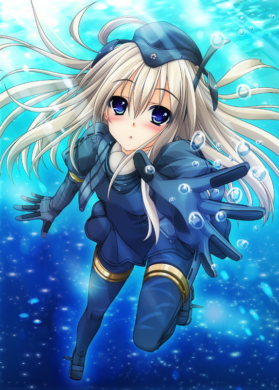 aoi_hiro blue_eyes derivative_work jacket kantai_collection long_hair looking_at_viewer md5_mismatch parted_lips reaching silver_hair solo submerged u-511_(kantai_collection) underwater