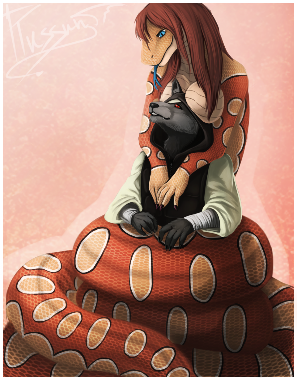 bandage blue_eyes breasts brown_hair canine clothing coil coiling coils dirty-wolf_(character) duo female forked_tongue hair hoodie liara_(microphone) male mammal naga plussun red_eyes reptile scalie snake tongue tongue_out wolf