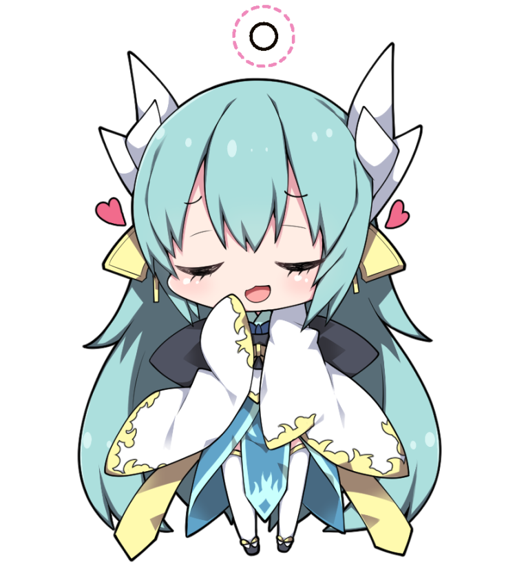 1girl :d bangs black_bow black_footwear blush bow chibi commentary_request dotted_line dragon_horns eyebrows_visible_through_hair eyes_closed facing_viewer fate/grand_order fate_(series) full_body green_hair heart horns japanese_clothes kimono kiyohime_(fate/grand_order) long_hair long_sleeves milkpanda obi open_mouth sash sidelocks simple_background sleeves_past_fingers sleeves_past_wrists smile solo standing thighhighs very_long_hair white_background white_kimono white_legwear wide_sleeves