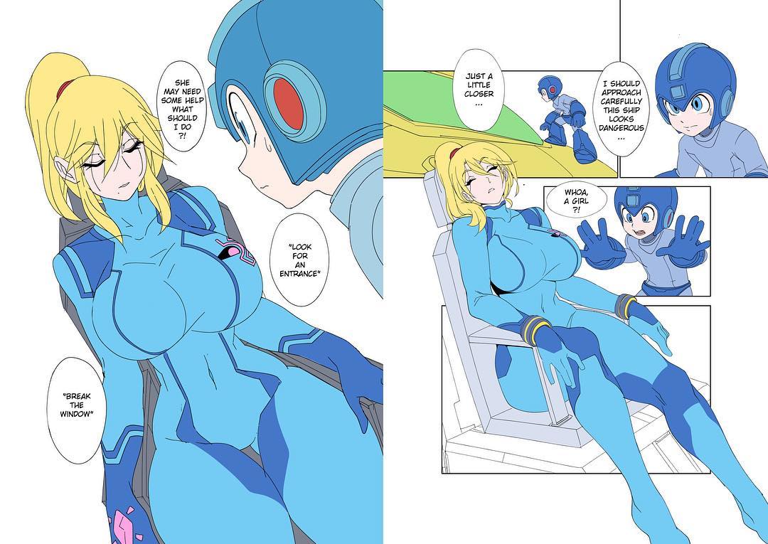 1boy 1girl 2koma android arm_cannon bangs blonde_hair blue_bodysuit blue_eyes bodysuit breasts chair comic curvy eyes_closed helmet high_ponytail large_breasts looking_at_another nintendo nisego ponytail robot rockman rockman_(classic) samus_aran ship sitting skin_tight super_smash_bros. unconscious watercraft weapon zero_suit