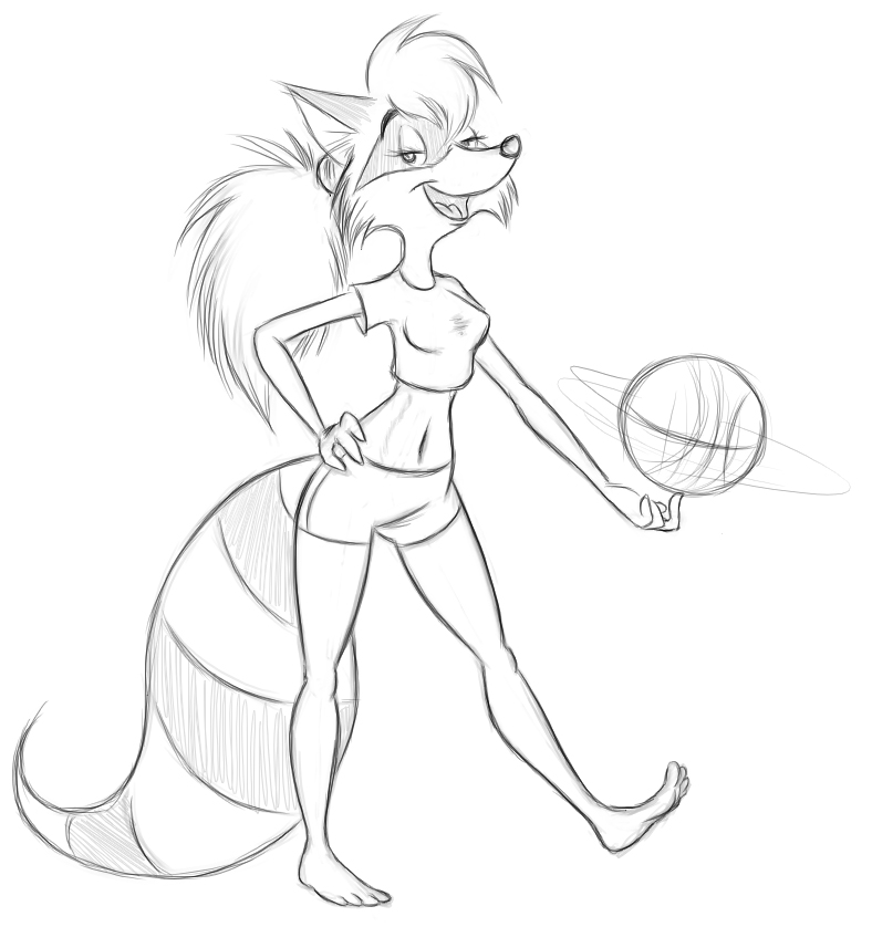 barefoot basketball belly clothing female lisa_raccoon mammal midriff navel ponytail raccoon ribnose shorts solo the_raccooons