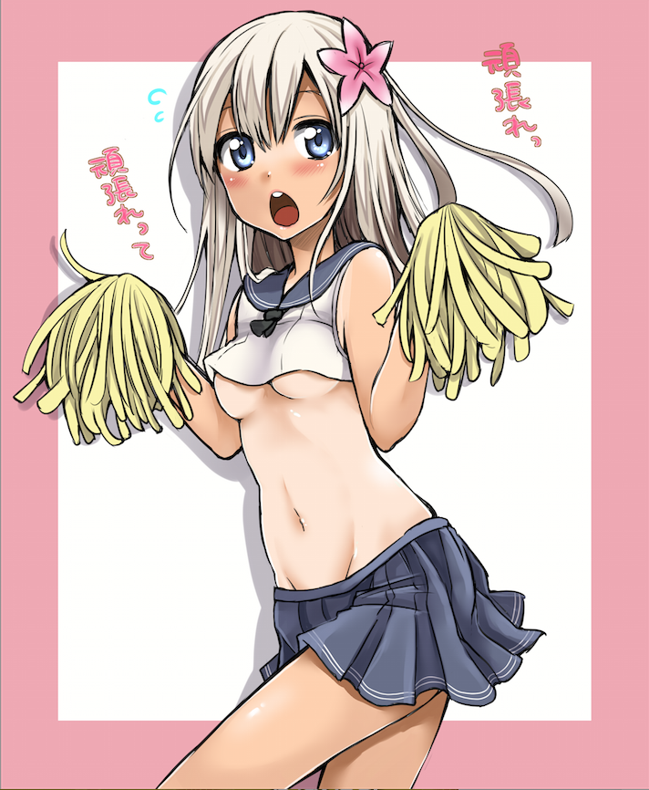 alternate_bottom_wear blue_eyes blue_skirt blush breasts flower hair_flower hair_ornament kantai_collection long_hair midriff narita_kou navel one-piece_tan open_mouth pom_poms ro-500_(kantai_collection) school_uniform skirt small_breasts solo tan tanline translation_request underboob white_hair