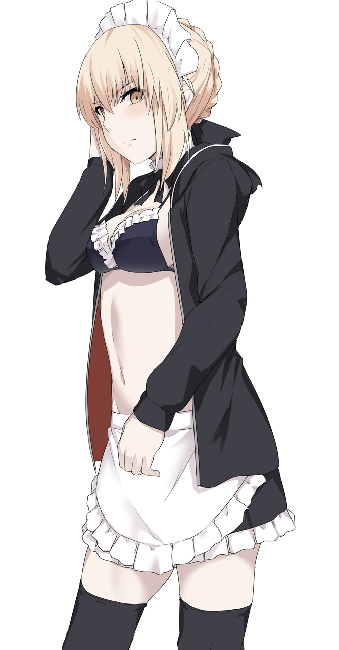 1girl apron arm_up artoria_pendragon_(all) artoria_pendragon_(swimsuit_rider_alter) bangs bikini black_bikini black_jacket black_legwear black_neckwear black_ribbon blonde_hair blush braid breasts cleavage closed_mouth commentary_request eyebrows_visible_through_hair fate/grand_order fate_(series) feet_out_of_frame frills from_side hand_in_hair highres jacket looking_at_viewer maid_bikini maid_headdress medium_breasts navel open_eyes ribbon shiseki_hirame short_hair simple_background solo swimsuit thighhighs white_apron white_background yellow_eyes